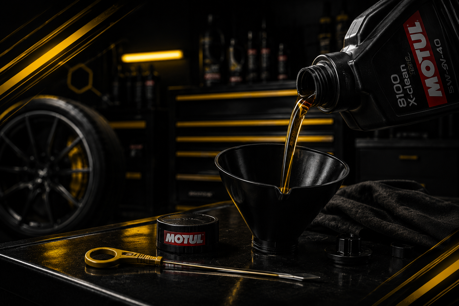 Oil and lubricant service visual with Motul engine oil