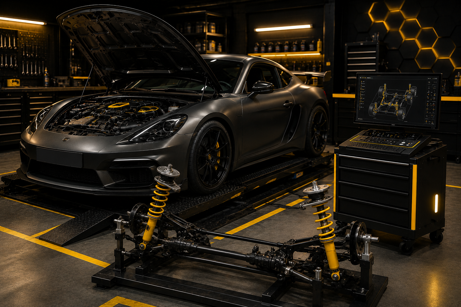 Performance-oriented automotive services with suspension setup visual
