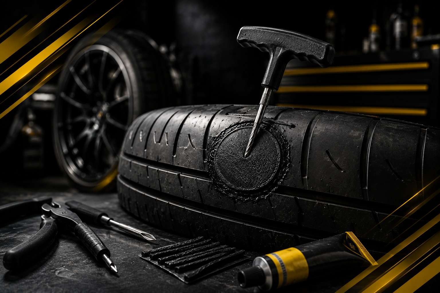 Permanent puncture repair visual with tire repair tools
