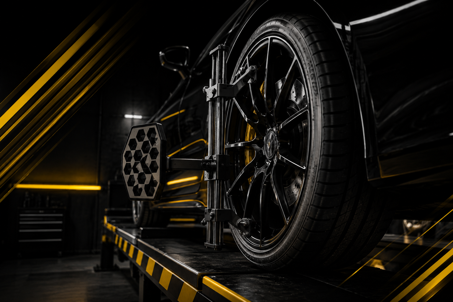 Tire service and wheel alignment equipment in automotive workshop