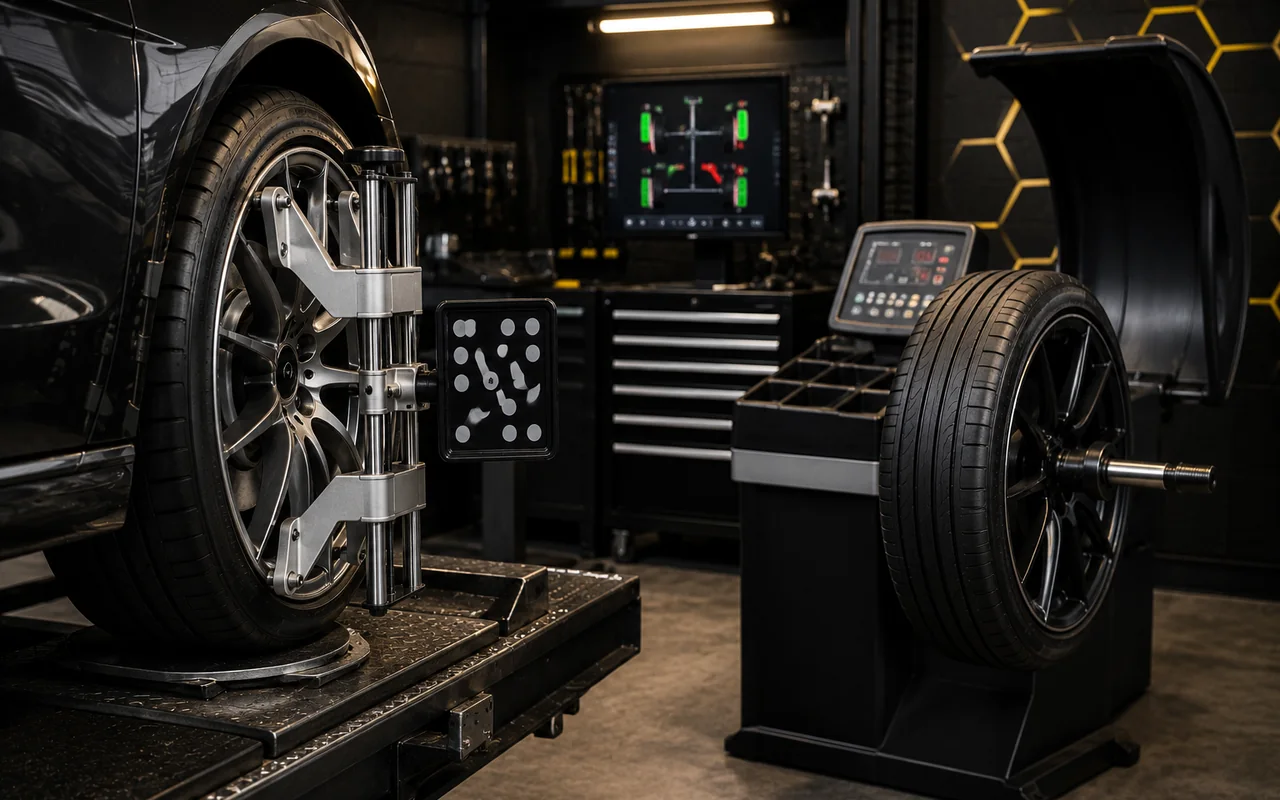 Wheel alignment and balancing equipment in automotive workshop