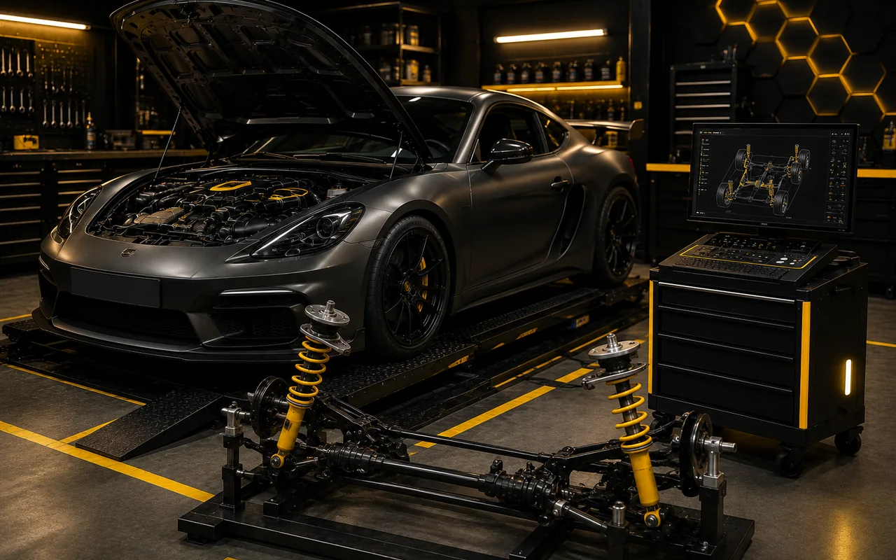 Performance-oriented automotive support with suspension setup visual