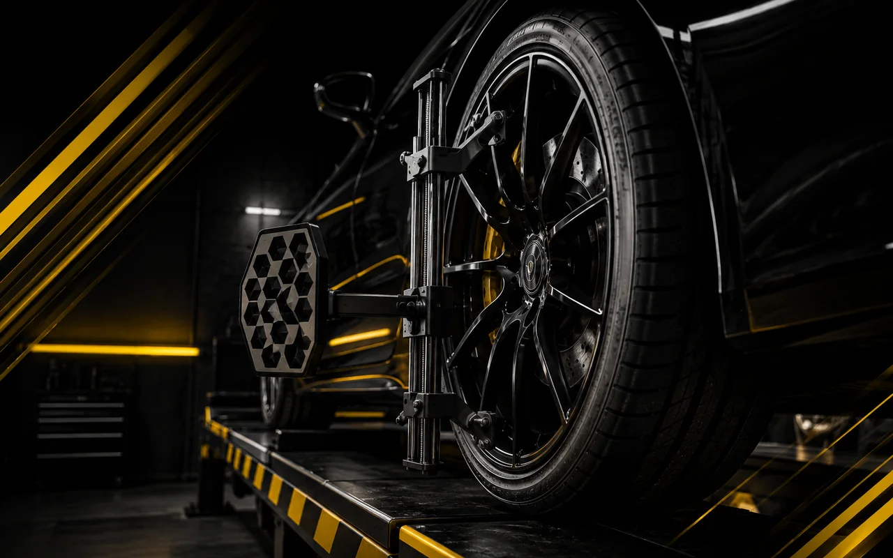 Tire service and wheel alignment equipment in automotive workshop