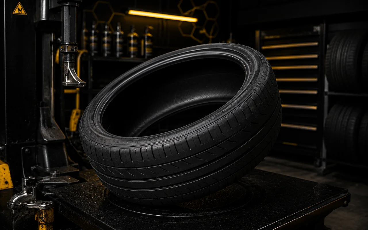 Tire service visual with tire changer in automotive workshop