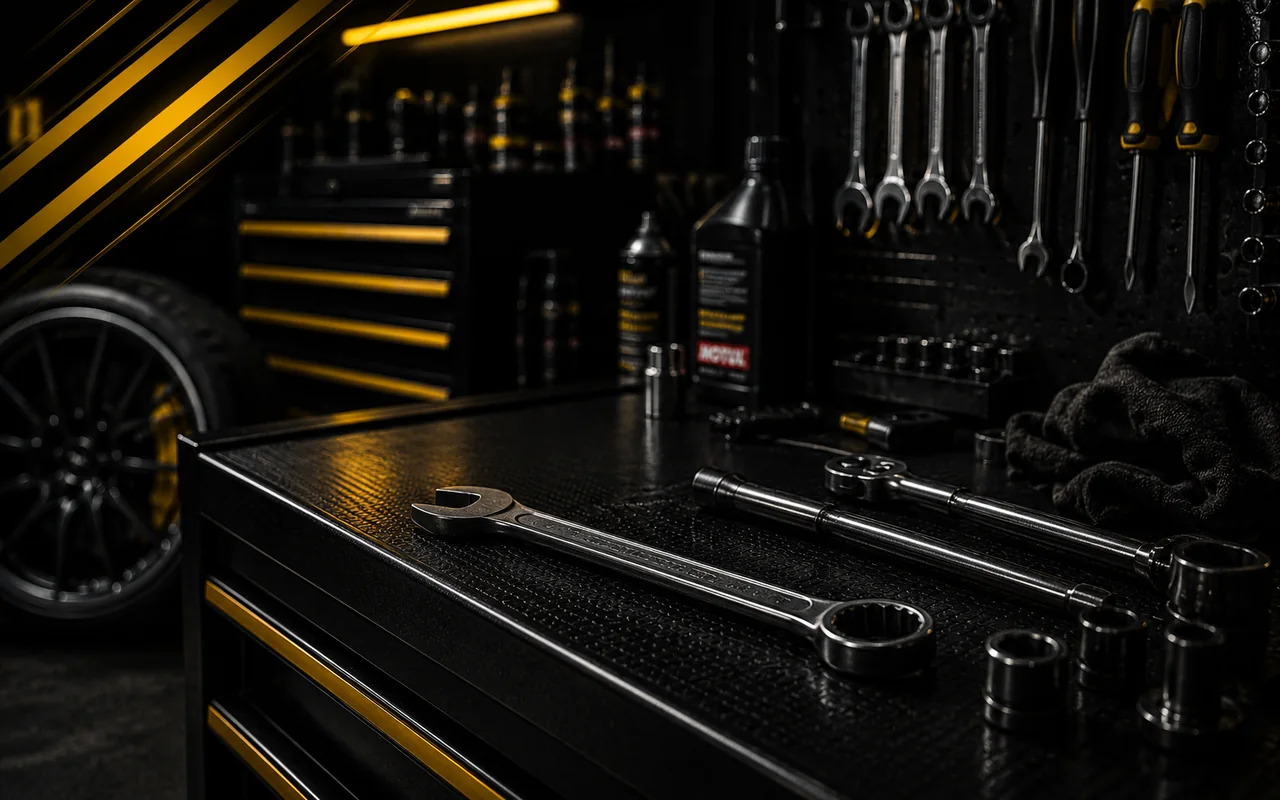 Workshop support visual with automotive tools and service equipment